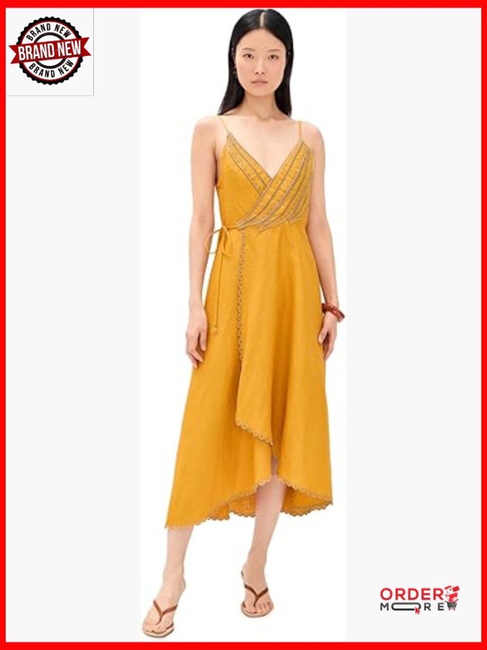 Women's Linen Maxi Wrap Dress with Banana Embroidery